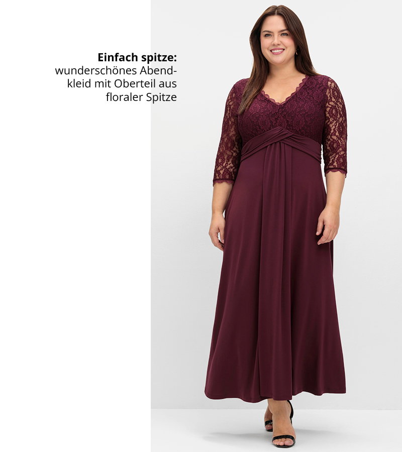 Ein Model trägt ein burgund farbenes Abendkleid mit Oberteil aus Spitze. Daneben folgender Text: Einfach spitze: wunderschönes Abendkleid mit Oberteil aus floraler Spitze.
