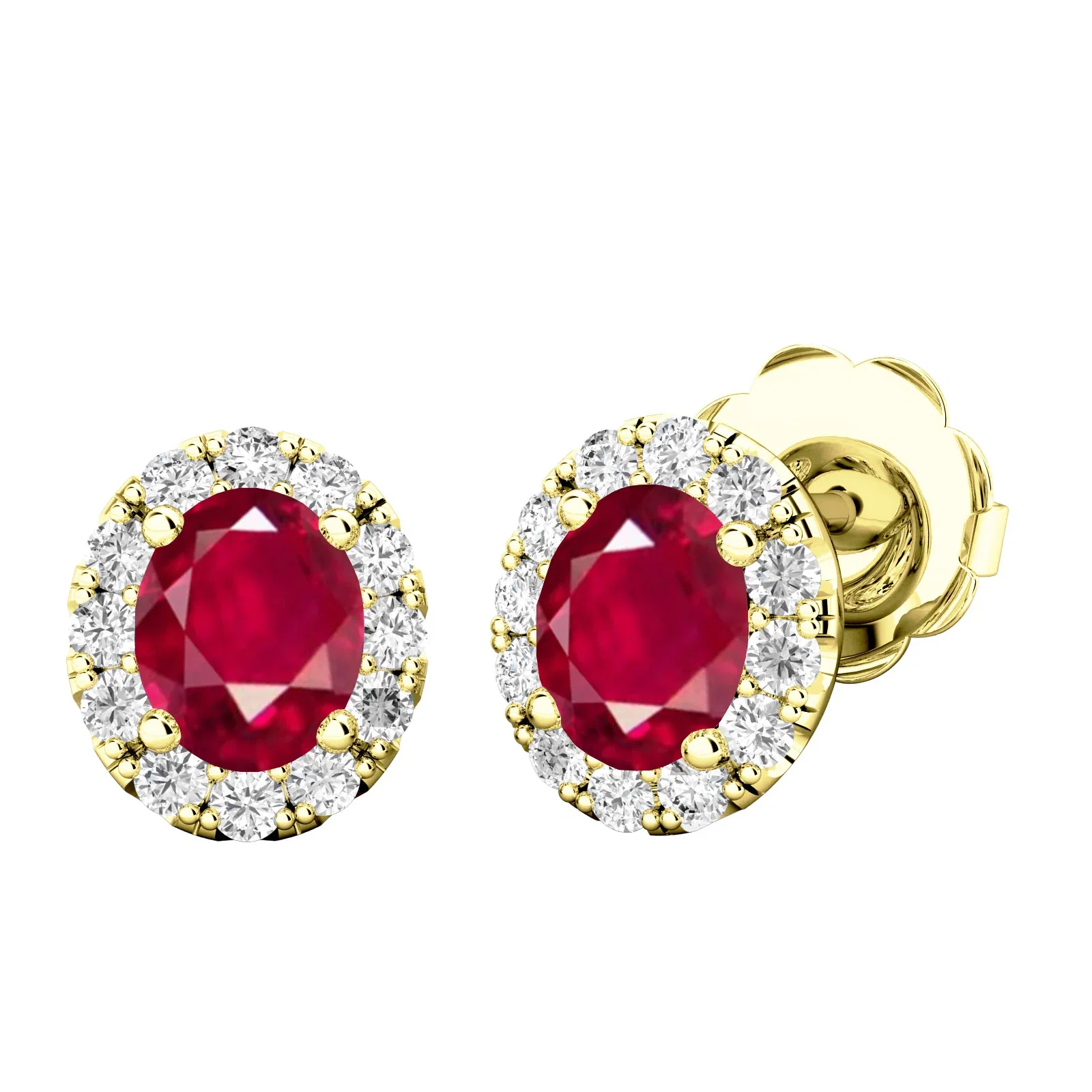 Image of A beautiful pair of oval ruby and diamond Halo earrings in 18ct yellow gold