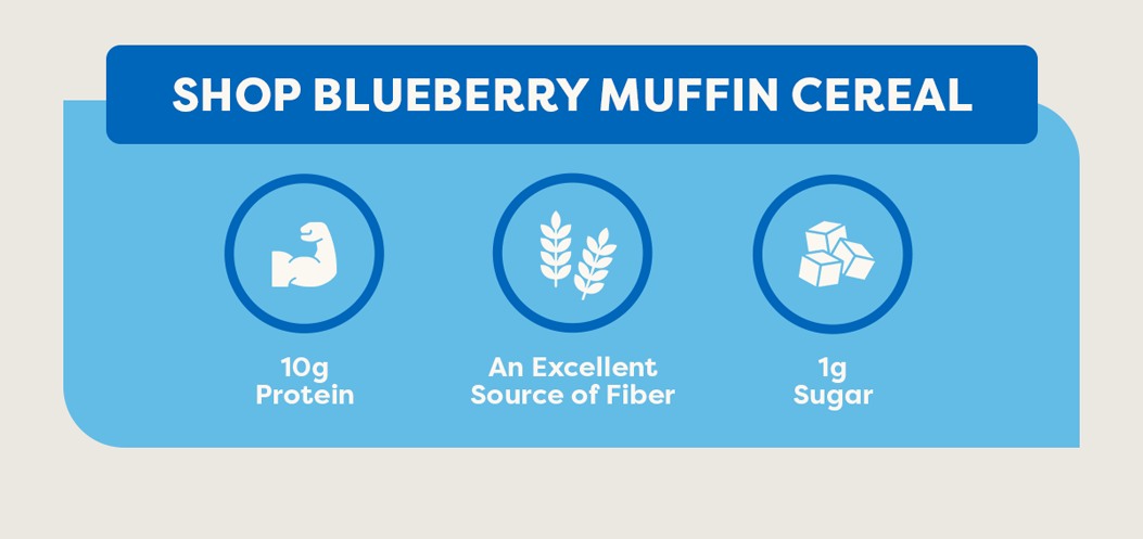 Shop Blueberry Muffin Cereal. 10g protein | an excellent source of fiber | 1g sugar