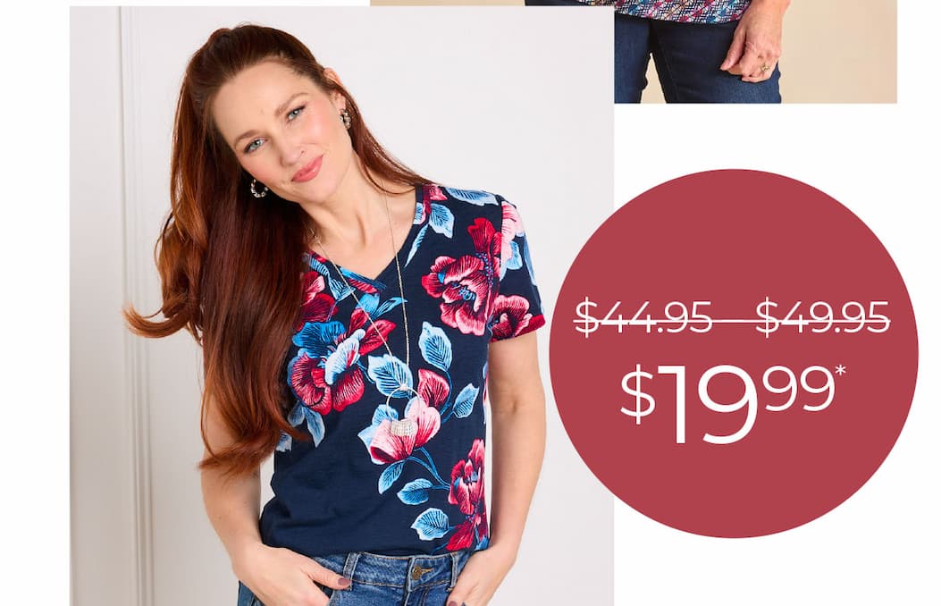 $19.99 Placed Floral Print V Neck Short Sleeve Tee