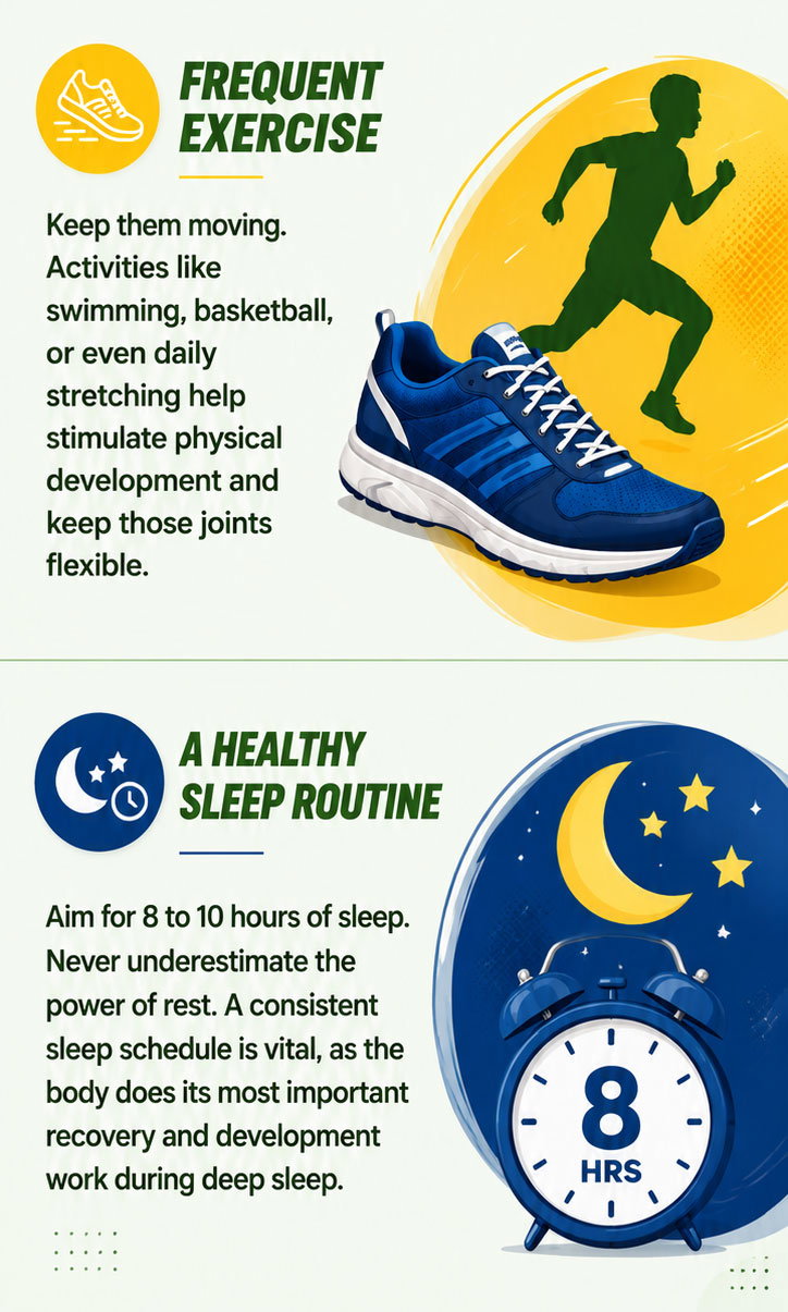 Frequent exercise and a healthy sleep routine are essential for growing bodies. Keep them moving with activities like swimming, basketball, or even daily stretching to help stimulate physical development and keep those joints flexible. Aim for 8 to 10 hours of sleep, and never underestimate the power of rest. A consistent sleep schedule is vital, as the body does its most important recovery and development work during deep sleep.
