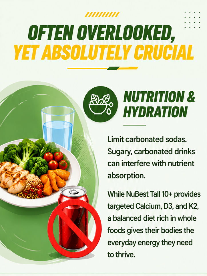 Often Overlooked, Yet Absolutely Crucial: Nutrition & Hydration. Limit carbonated sodas, as sugary, fizzy drinks can interfere with nutrient absorption. While NuBest Tall 10+ provides targeted calcium, vitamins D3 and K2, a balanced diet rich in whole foods gives your teen the everyday energy and nutrition needed to thrive.