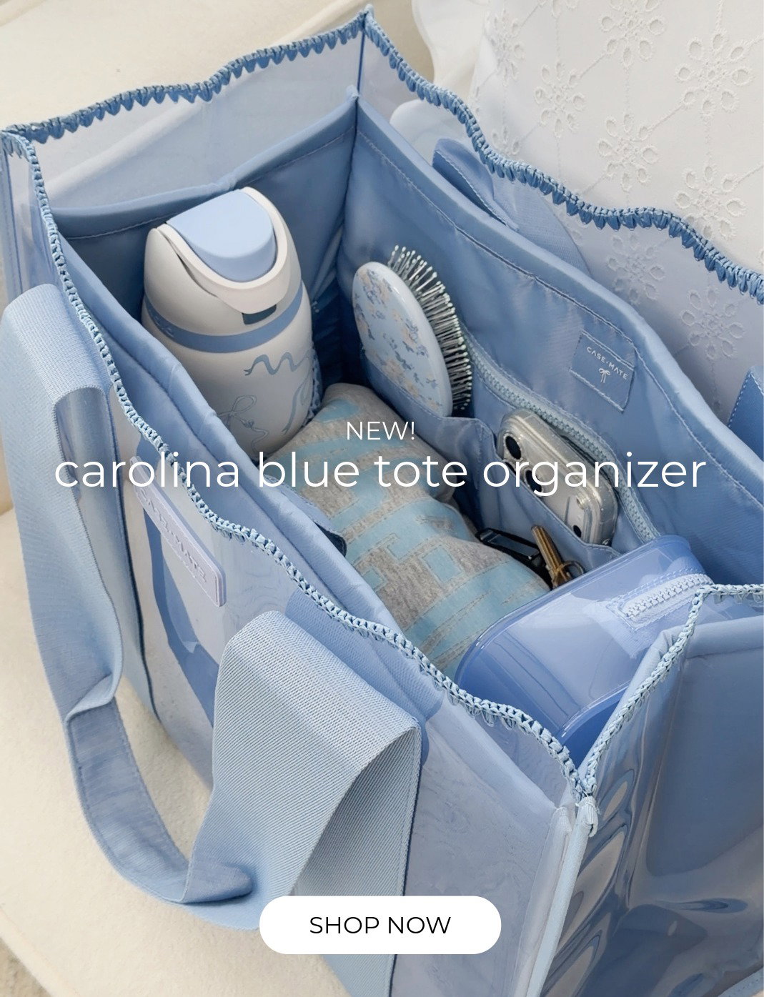 The new Carolina Blue Tote Organizer packed inside of the Carolina Blue Crochet Wave Jelly Tote.