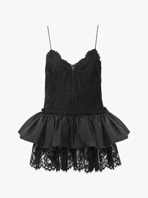 Thin-strap ruffle top in technical taffeta & lace