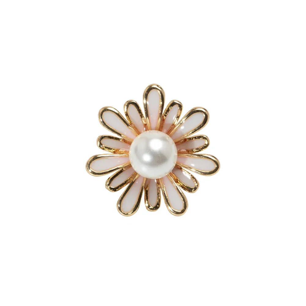 Image of Enameled Metal and Pearl Shank Back Button - 30L/19mm - Pink, Pearl White, and Gold Flower