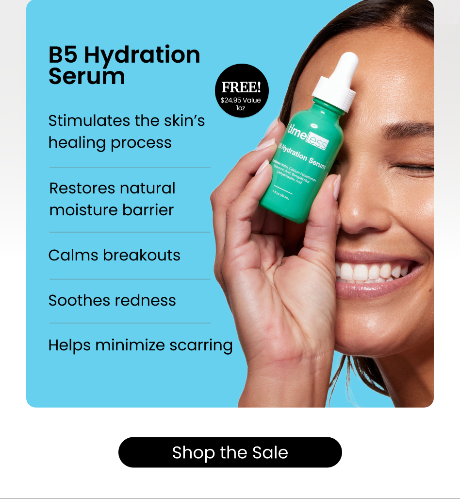 timeless skin care banner featuring our B5 hydration serum