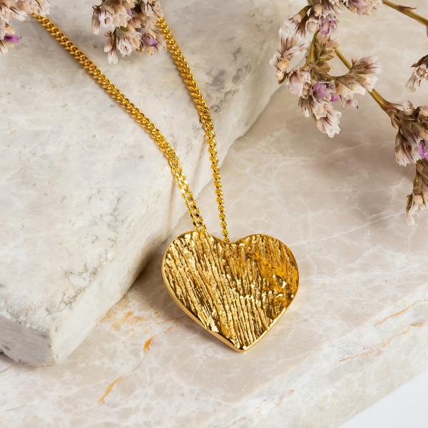 Simple Textured Heart Necklace in Sterling Silver with 24ct Gold