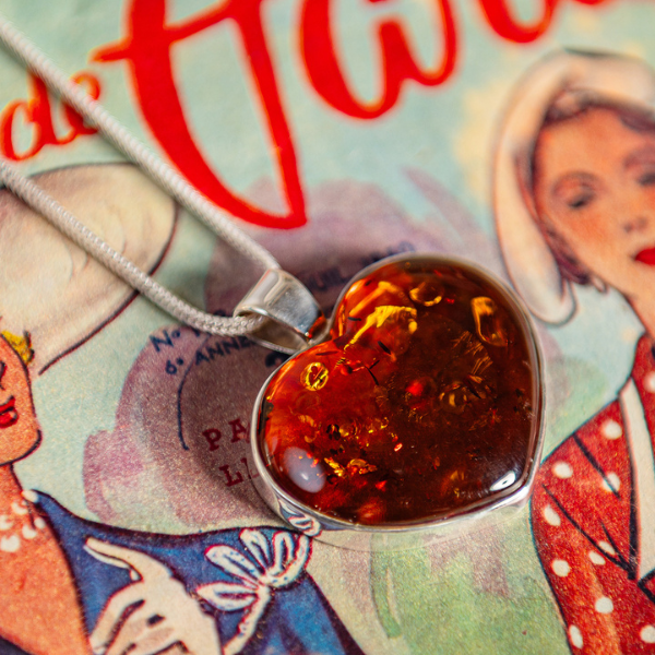 Statement Heart Cognac Amber and Silver Necklace - Natural Designer Gemstone