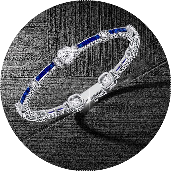 Milgrain Cushion White & Blue Sapphire Tennis Bracelet In Silver