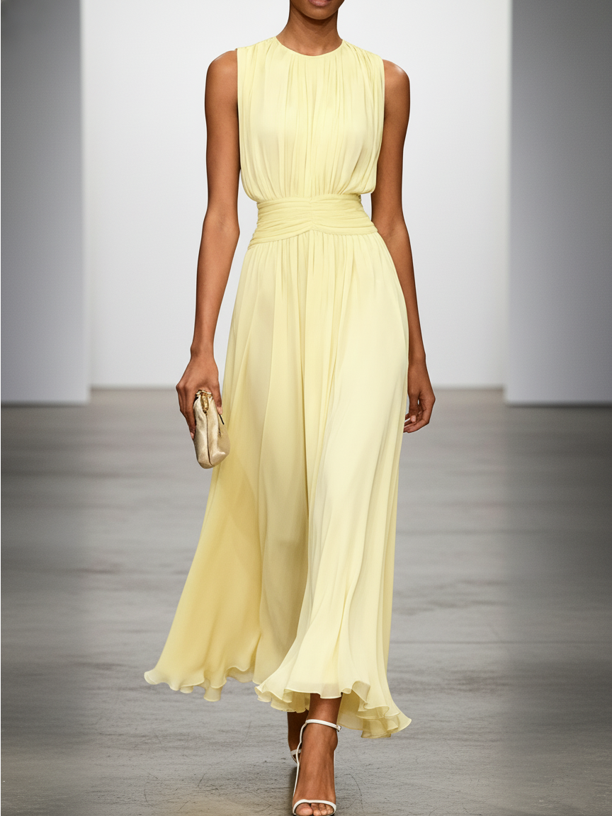 Image of Yellow Ruched Chiffon Crew Neck Sleeveless A-Line Maxi Dress