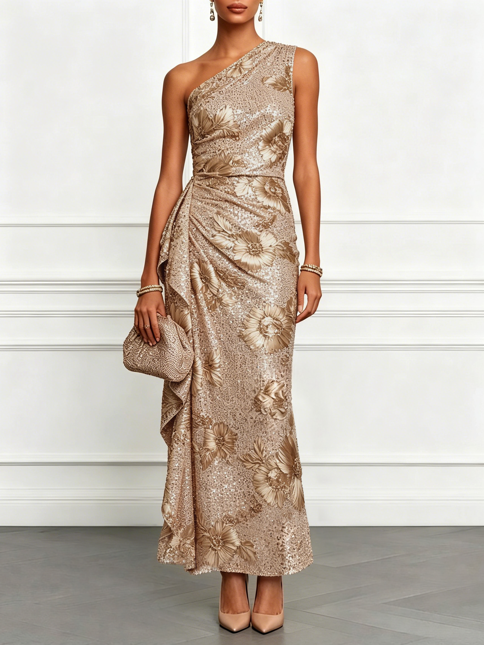 Image of Champagne Jacquard Sequin One Shoulder Sleeveless Mermaid Maxi Dress