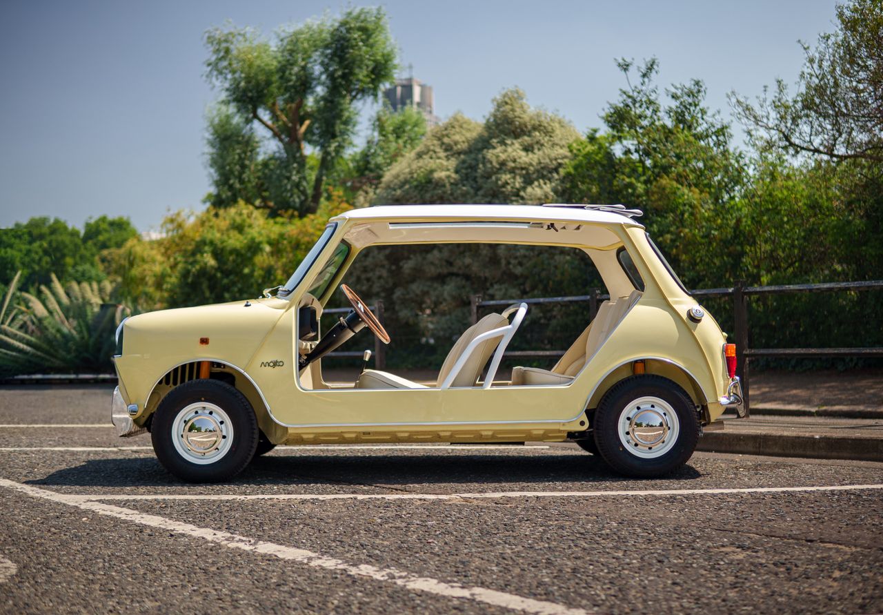 Yellow Mini Mojito Mk2 beach car, with open sides