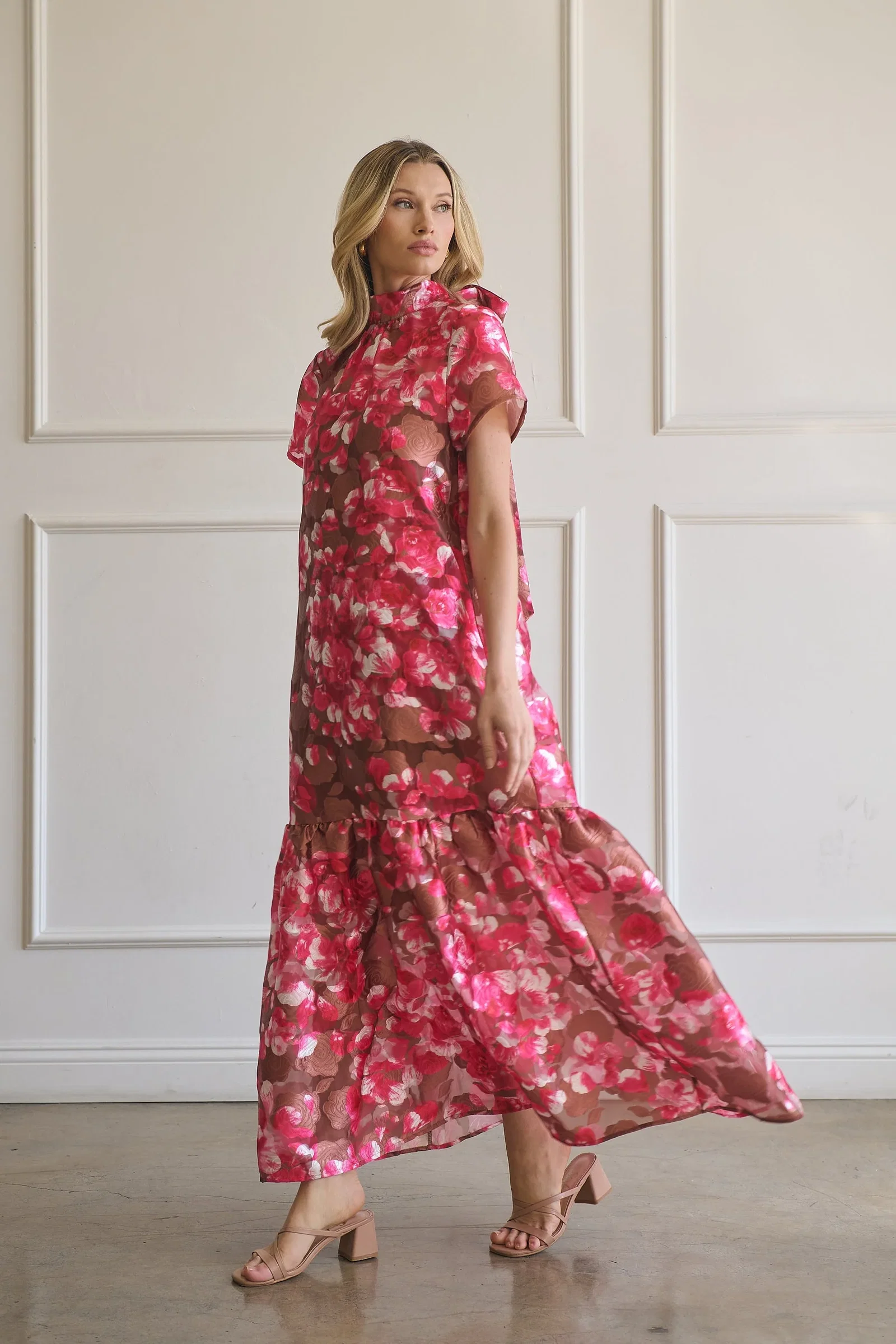 Image of Mersin Floral Dime Organza Mockneck Maxi Dress