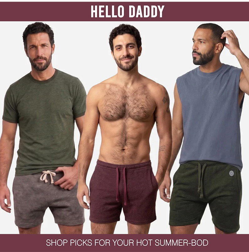 3 handsome men in sweat shorts and tank tops
