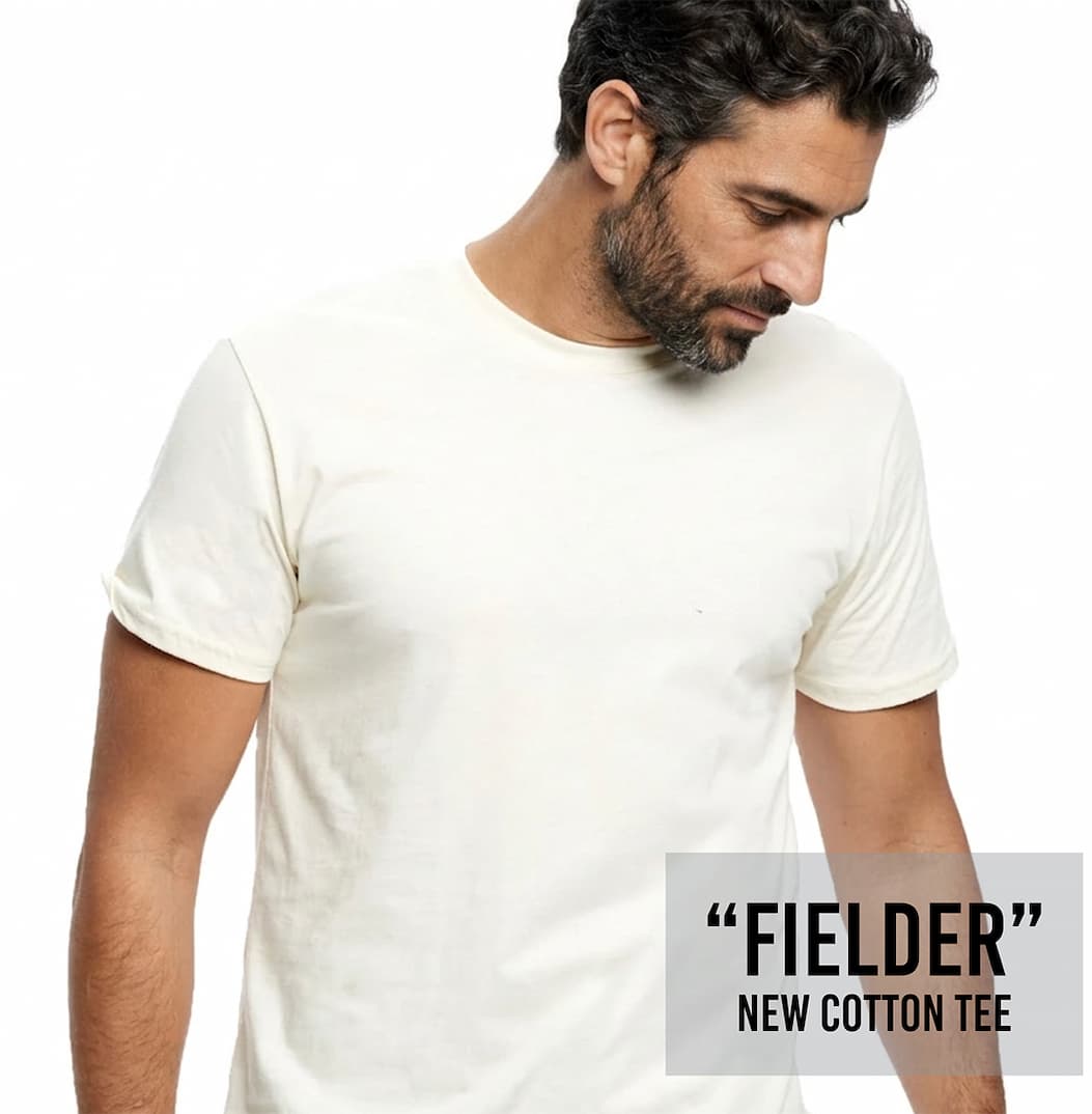 Man in a cream made in usa tee shirt