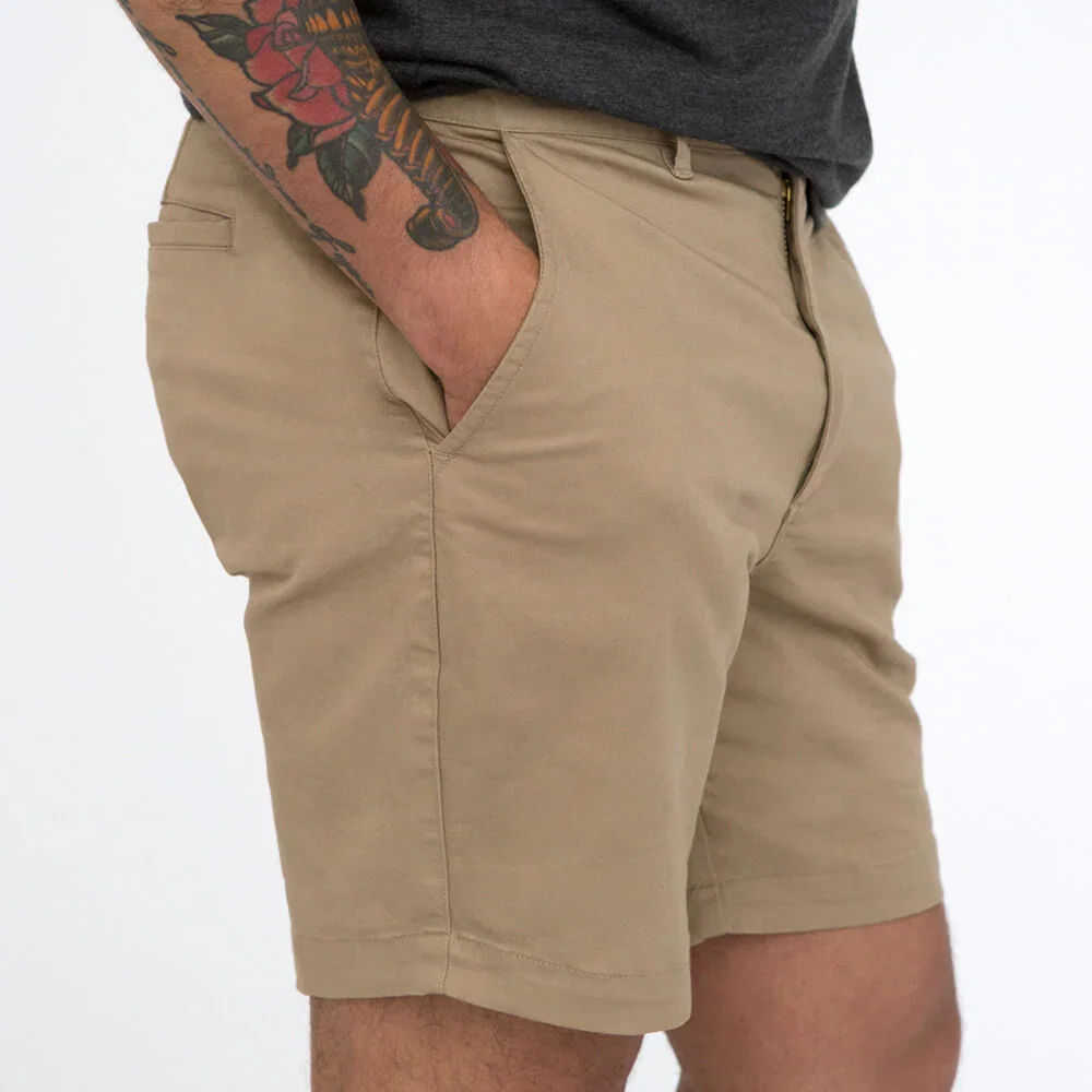 Image of Khaki Cotton Stretch Twill Shorts - Made In USA