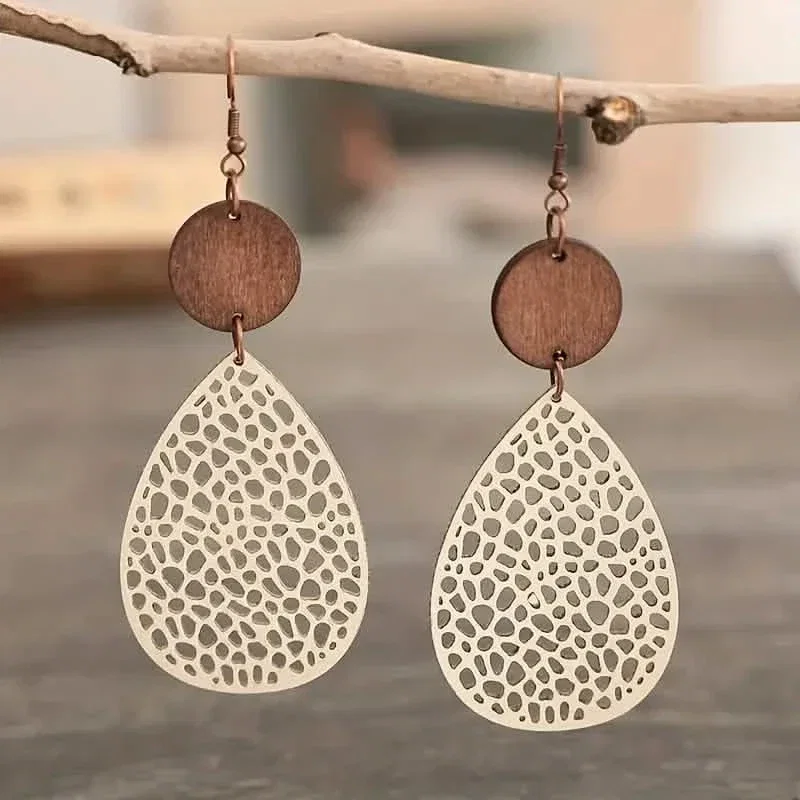 Image of Vintage Hollow Leaf Shape PU Leather Earrings