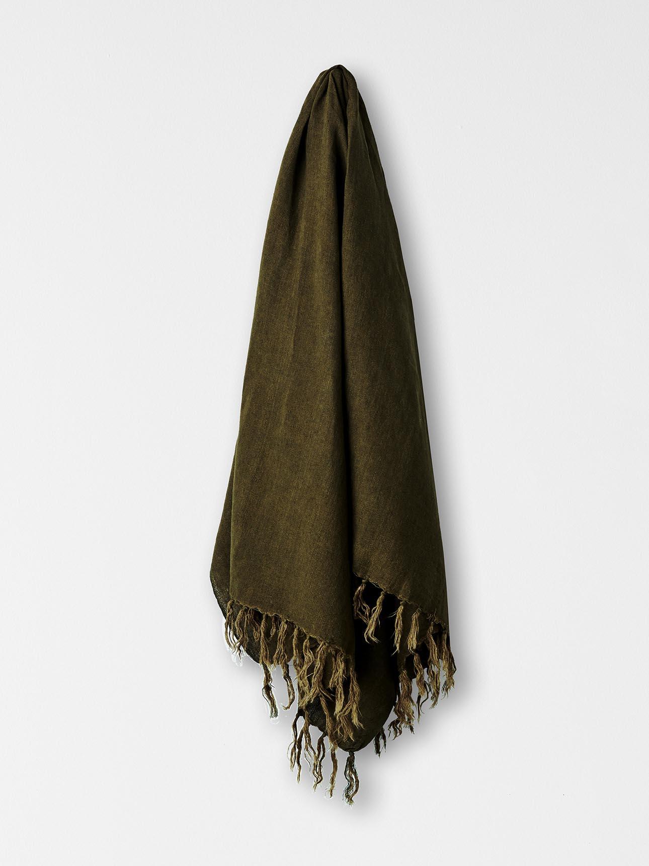 Vintage Linen Fringe Throw in Khaki