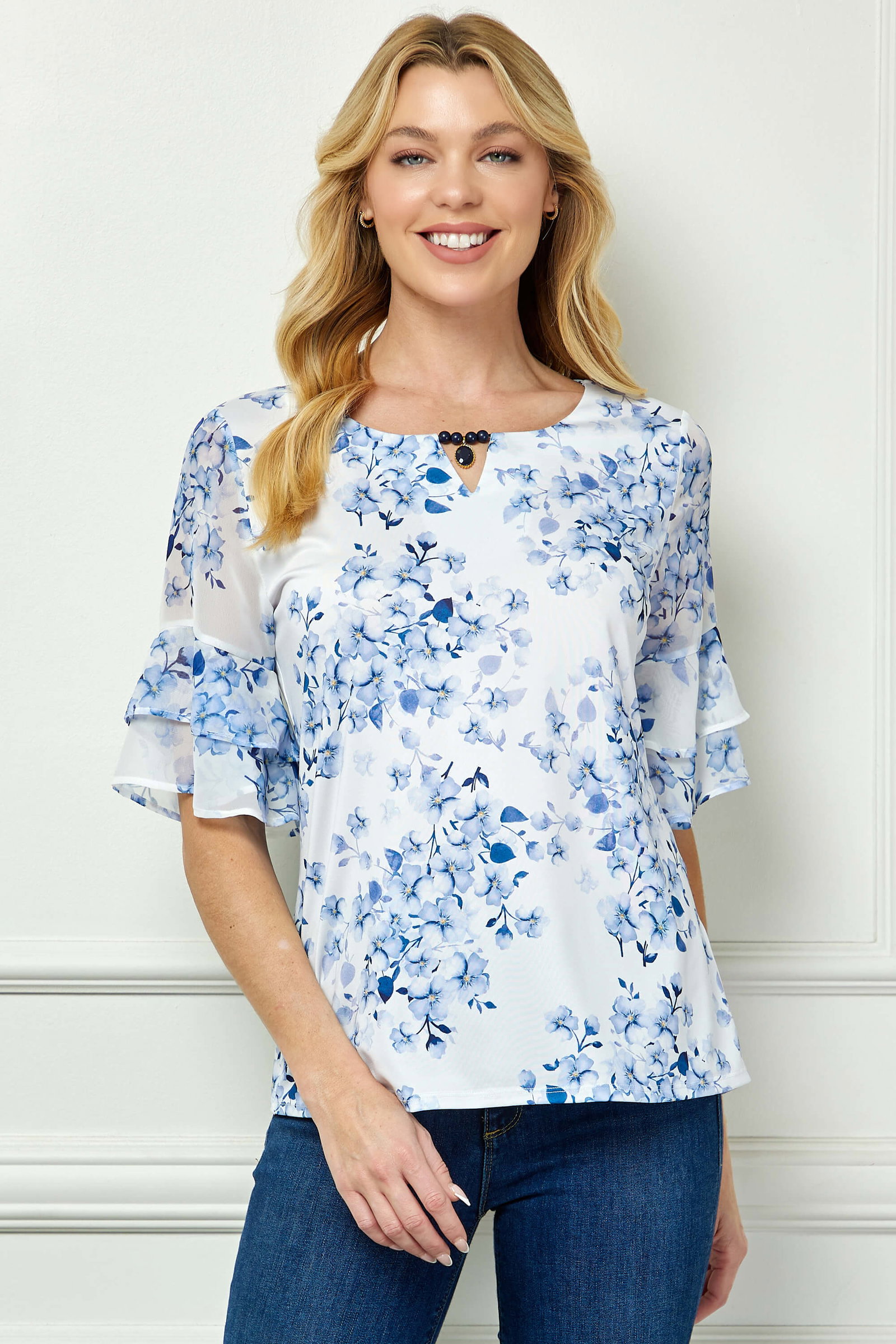 Image of Double Ruffle Sleeve Cutout Neck Blouse in Ivory/Denim