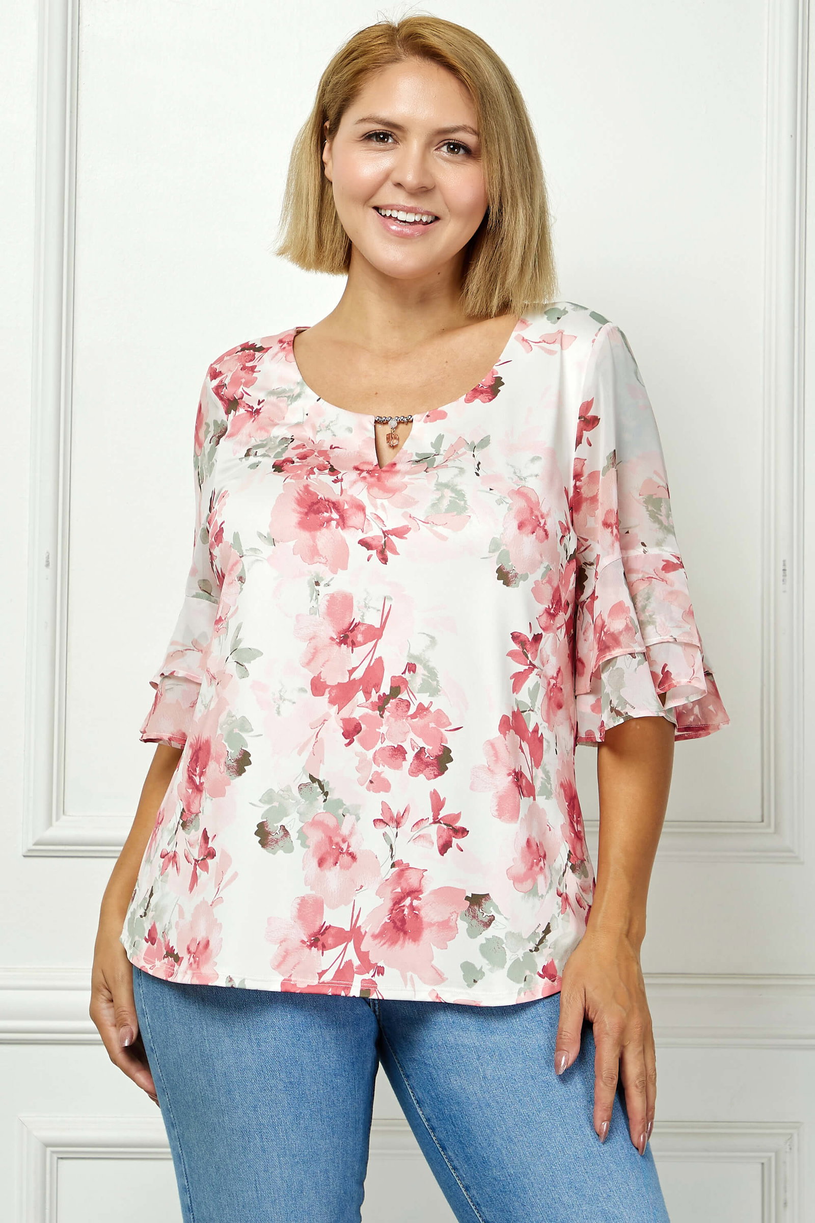 Image of Double Ruffle Sleeve Cutout Neck Blouse - Plus