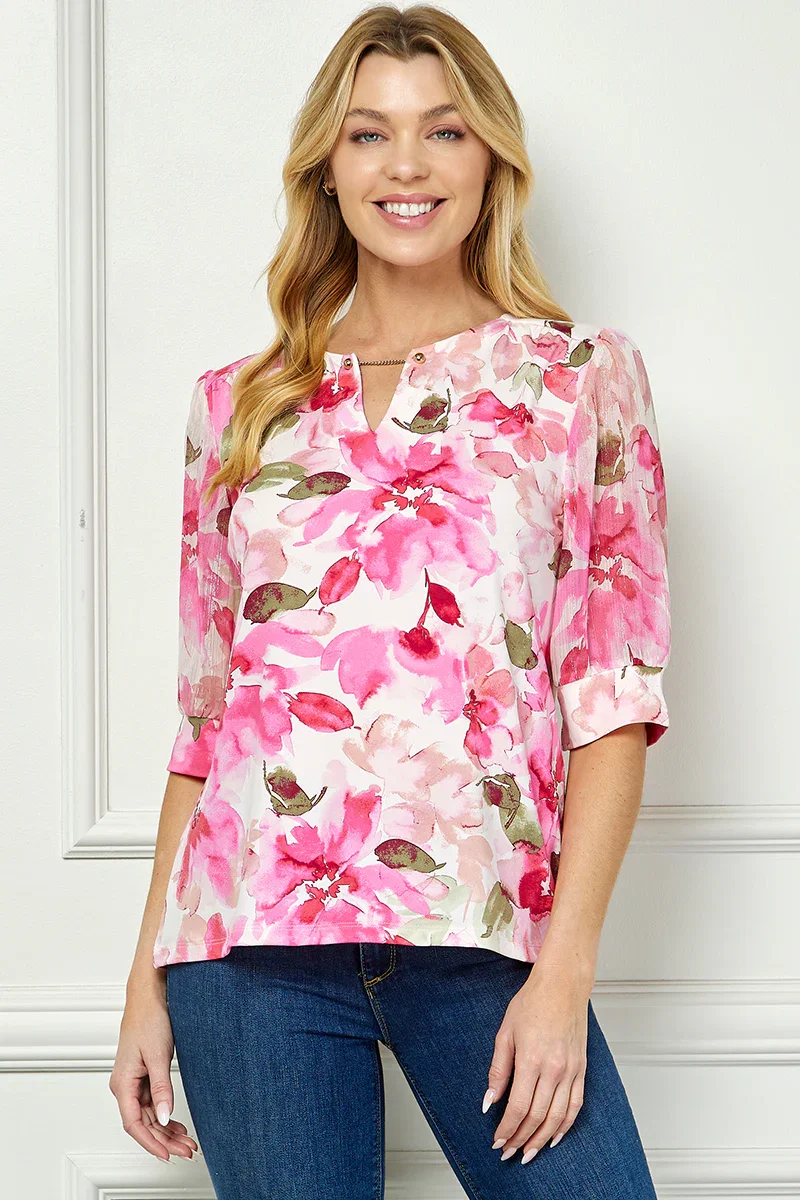 Image of Elbow Sleeve Cutout Neck Mix Media Blouse - Pink