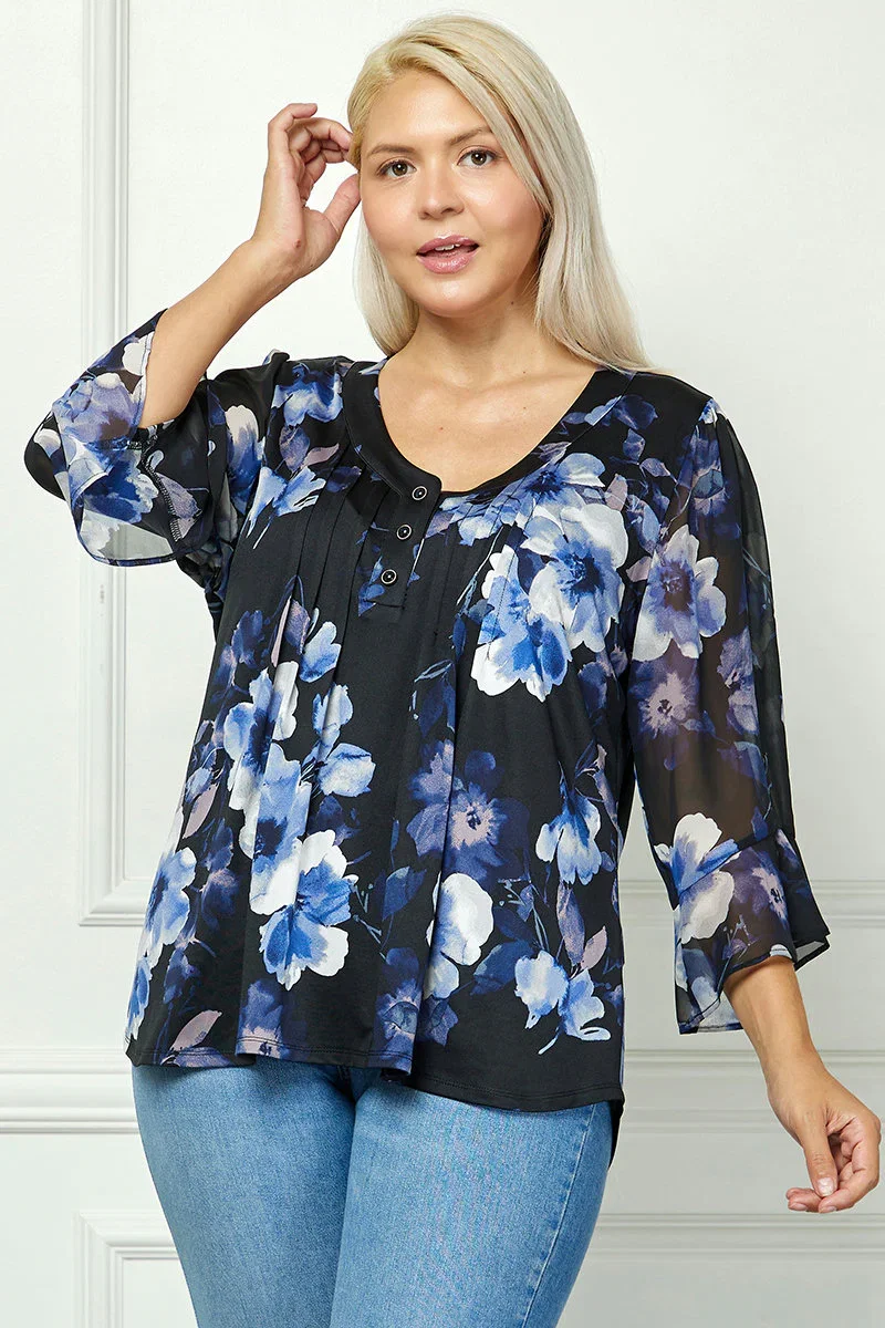 Image of 3/4 Ruffle Sleeve Pintuck V-Neck Popover Blouse in Blue - Plus