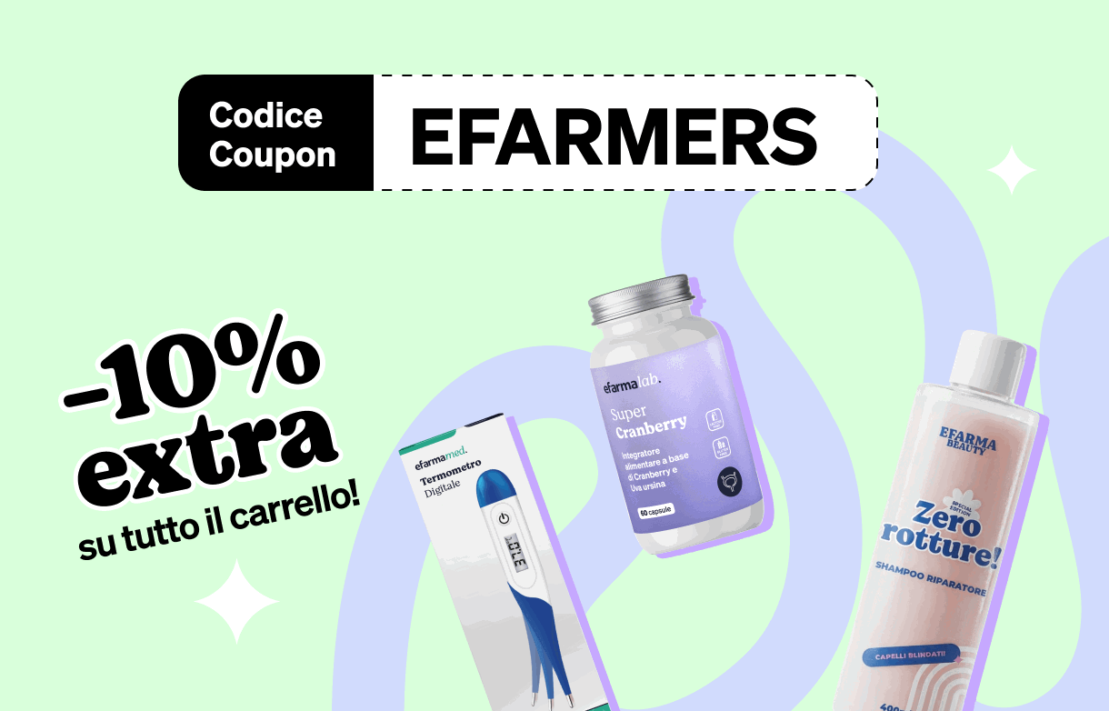 EFARMERS promo banner: -10% extra on whole basket; shampoo, supplement jar and digital thermometer on pale green background.