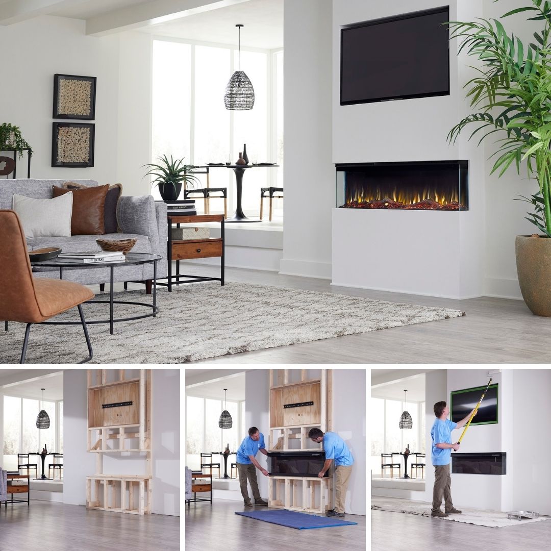 Sidelien Infinity Pro 3 sided smart electric fireplace installation in living room