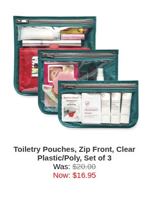 Toiletry Pouches, Zip Front, Clear Plastic/Poly, Set of 3