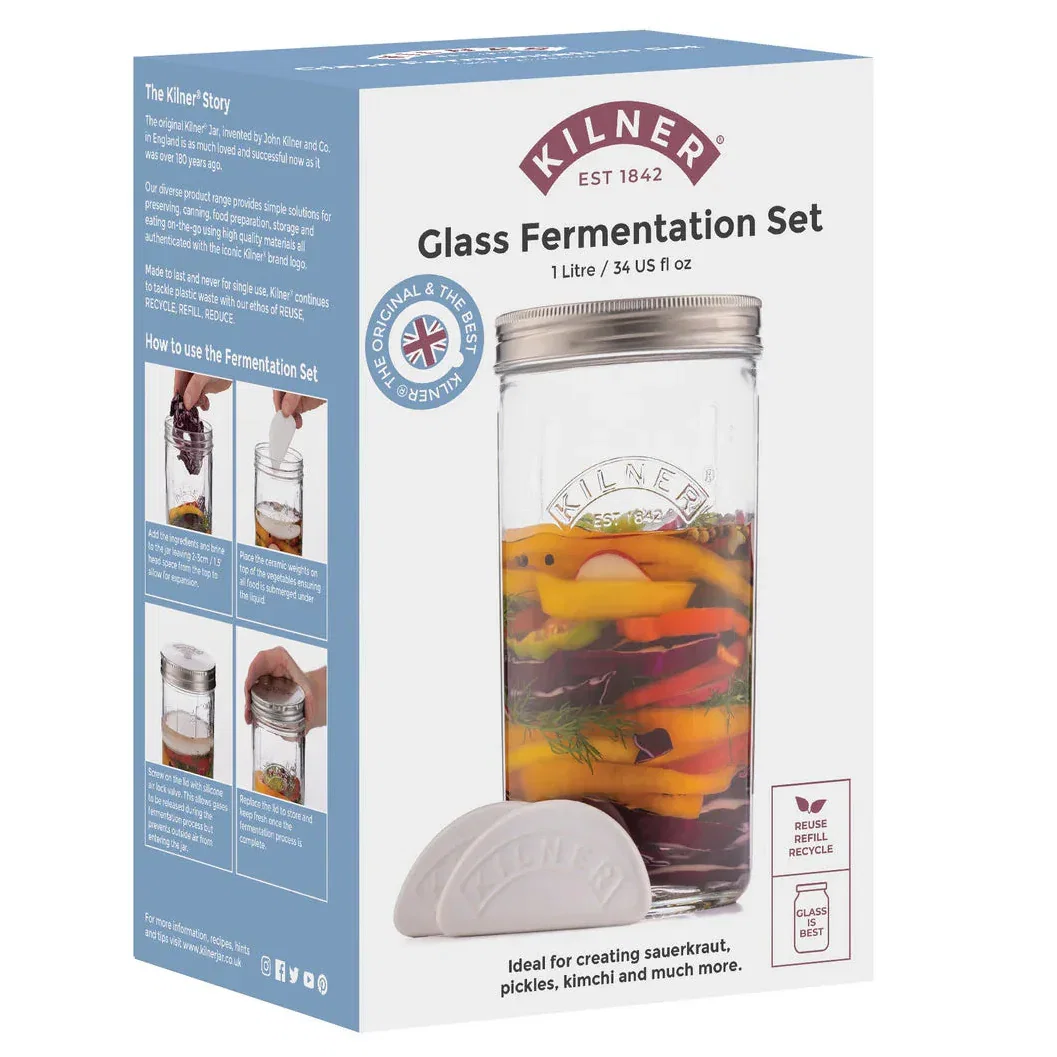 Image of Kilner 1L Glass Fermentation Jar Set Wide Mouth With Airlock Valve Lid, Weights