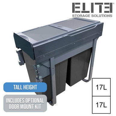 Image of Domestique PLUS 34L Twin Slide Out Concealed Waste Bin with Soft Close - 300mm Cabinet - Bottom Mounted - Includes Optional Door Bracket