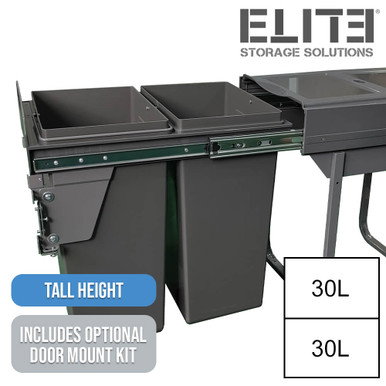 Image of Domestique PLUS 60L Twin Slide Out Concealed Waste Bin with Soft Close - 450mm Cabinet - Bottom Mounted - Includes Optional Door Bracket