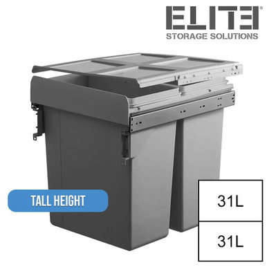 Image of Valet 62L Twin Slide Out Concealed Waste Bin with Soft Close - for a 450mm Cabinet - Side Mounted - Includes Integrated Door Bracket