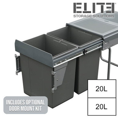 Image of Domestique 40L Twin Slide Out Concealed Waste Bin with Soft Close - for a 400mm Cabinet - Bottom Mounted - Includes Optional Door Bracket
