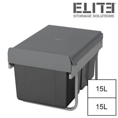Image of Domestique 30L Twin Slide Out Concealed Waste Bin with Soft Close - Low Height / Undersink - for a 400mm Cabinet - Bottom Mounted