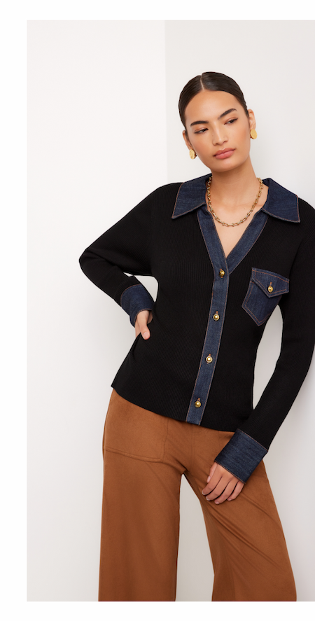 Denim Sweater Button Up Top