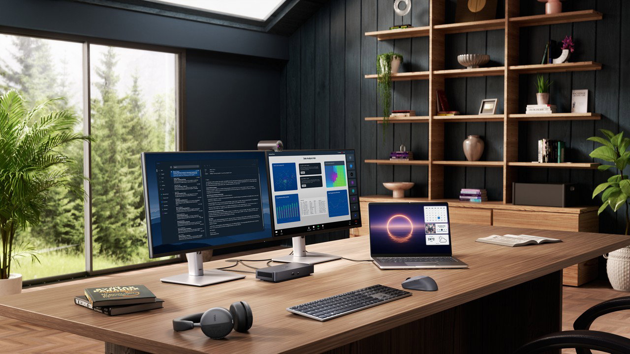 Home office set up with dual monitors using the Dell Pro 14 Plus PB14250, P2425H, P2425HE, WL5024, WB5023, KM7321W and SD25TB4