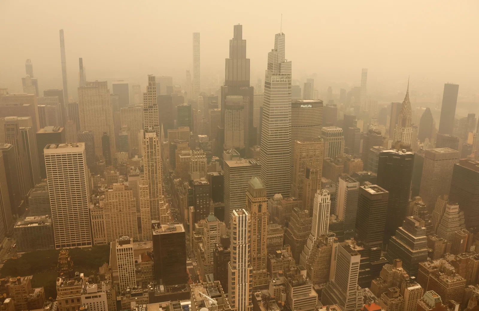 New York City, shrouded in wildfire smoke so thick it looks like fog.
