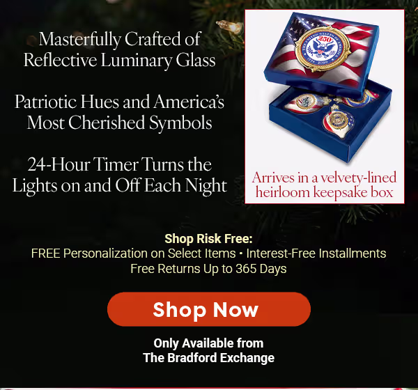 Luminary light-up glass ornaments with patriotic hues and cherished symbols, 24- hour timer