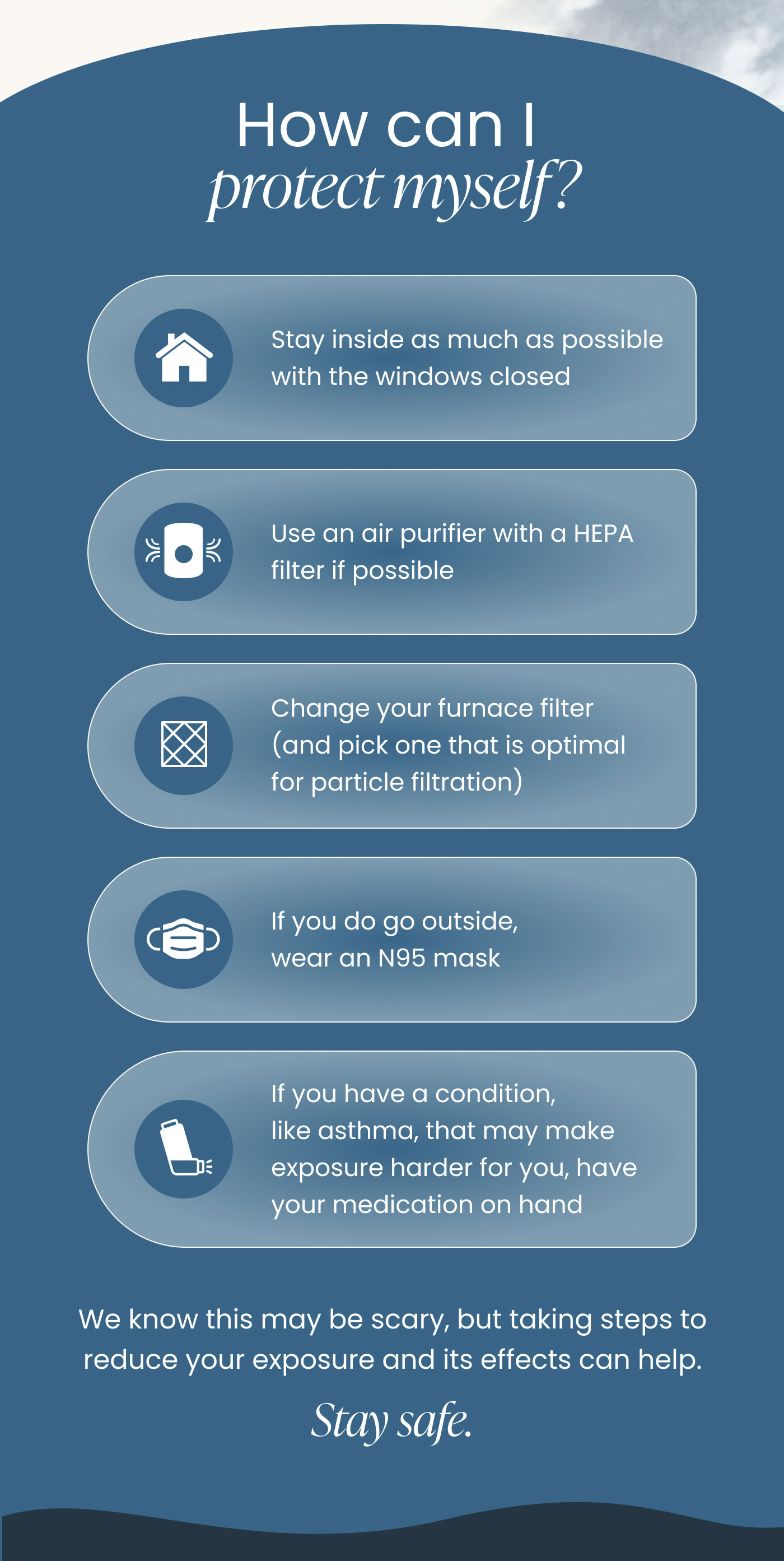 How can I protect myself?  Stay inside as much as possible with the windows closed Use an air purifier with a HEPA filter if possible Change your furnace filter (and pick one that is optimal for particle filtration) If you do go outside, wear an N95 mask If you have a condition, like asthma, that may make exposure harder for you, have your medication on hand  We know this may be scary, but taking steps to reduce your exposure and its effects can help.  Stay safe.