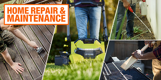 Summer chores such as painting a deck, lawn mowing, spraying plant food and grill grilling, that can all be done with Home Depot products.