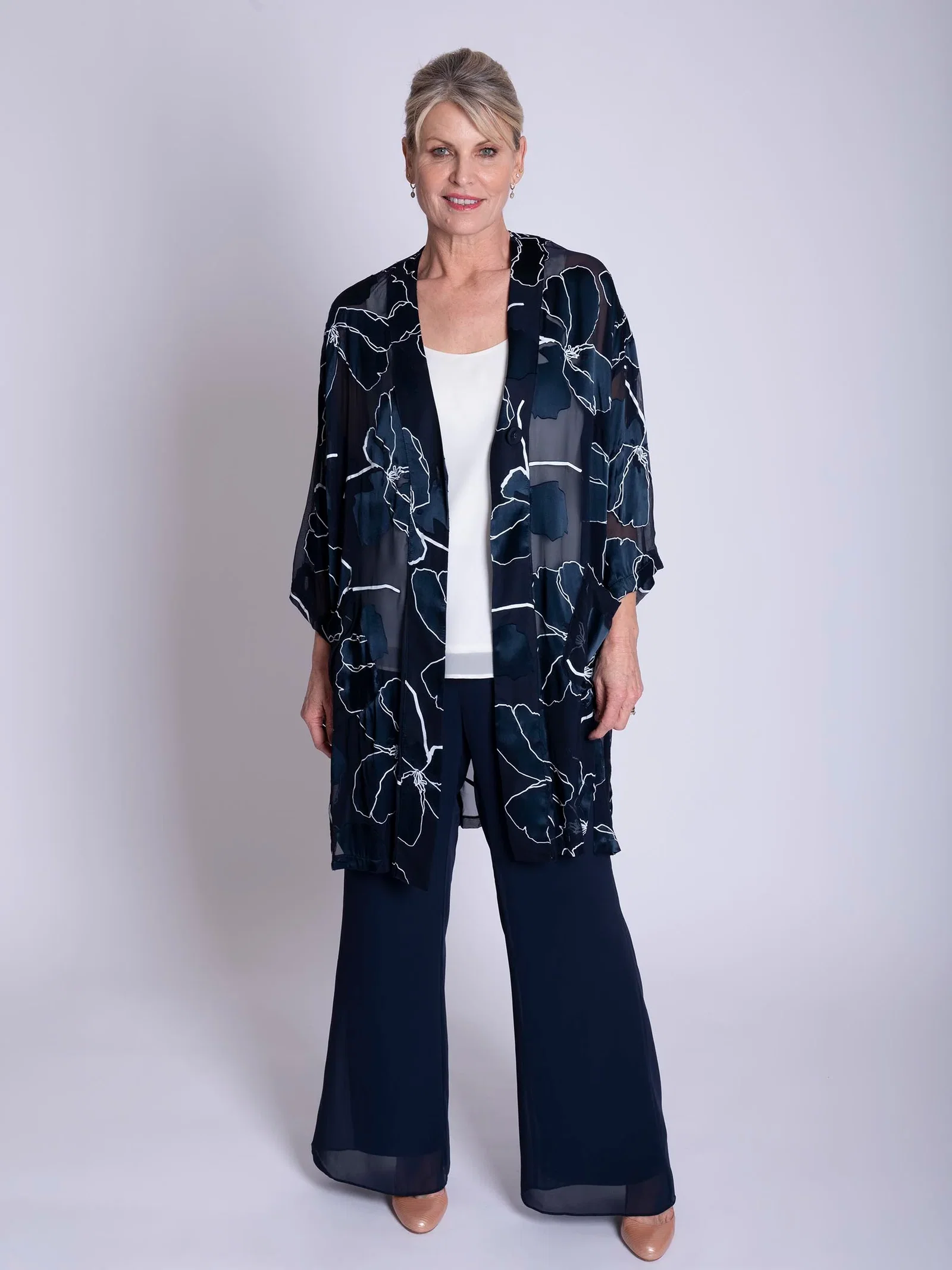 Image of Navy/White Silk Floral Devoree Longline Kimono