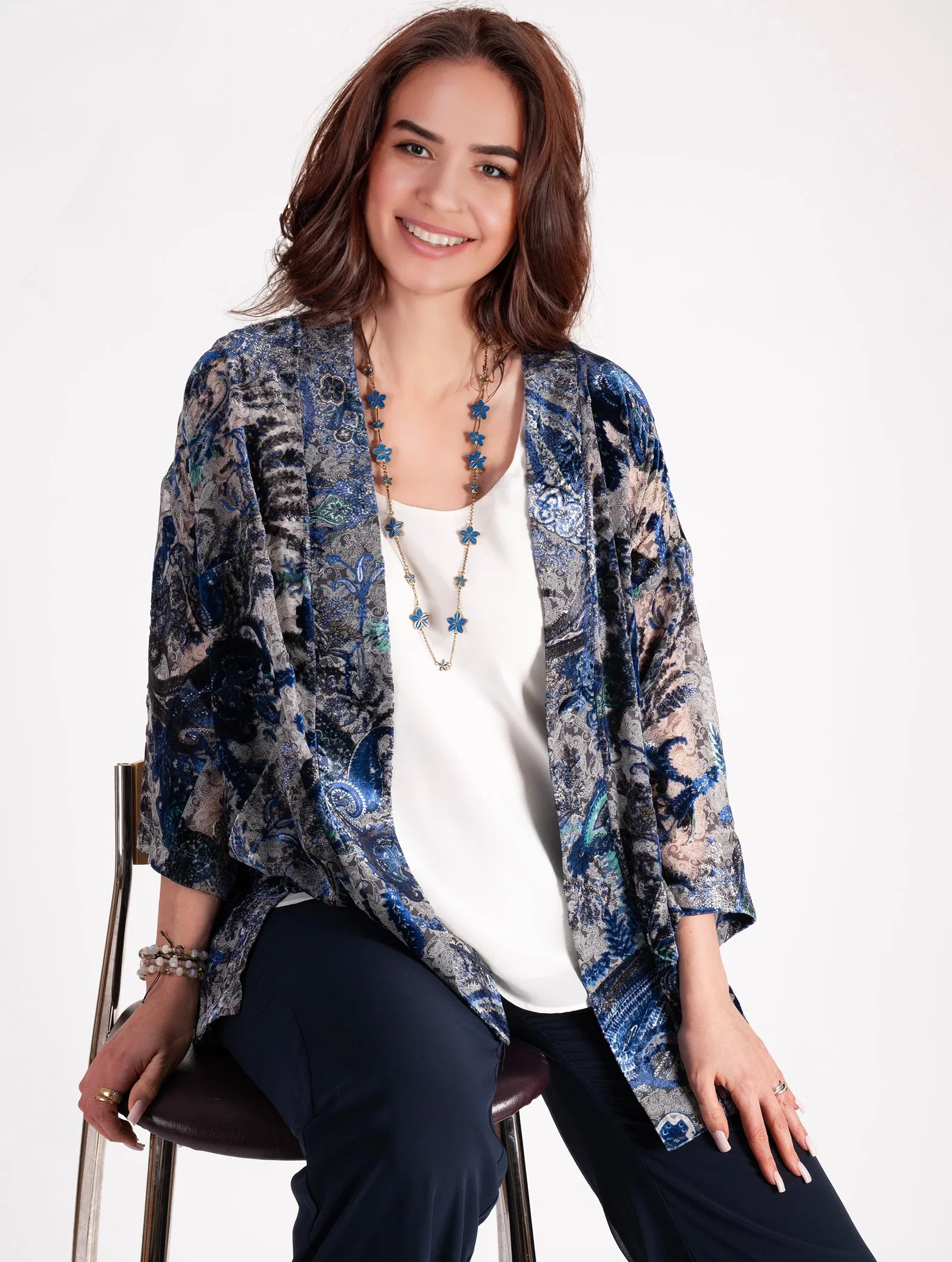 Image of Cobalt/Pewter Paisley Lace Velvet Devoree Kimono Jacket