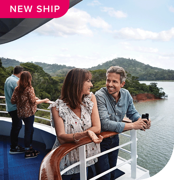 New Ship. A couple enjoys the views of the Panama Canal onboard a Princess ship.