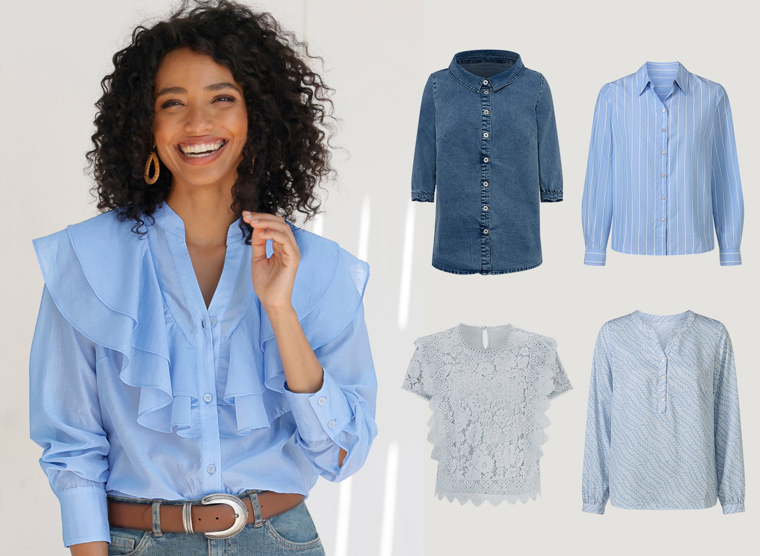  Links ein Model mit lockigem Haar trägt eine hellblaue Bluse mit großen Rüschen. Rechts sind vier weitere Blusen abgebildet: eine dunkelblaue Jeansbluse, eine hellblaue gestreifte Bluse, eine weiße Spitzenbluse und eine hellblaue gemusterte Bluse.