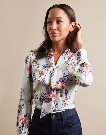 Cream & Red Floral Pussybow Blouse