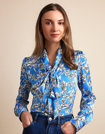 Blue & White Floral Pussybow Blouse