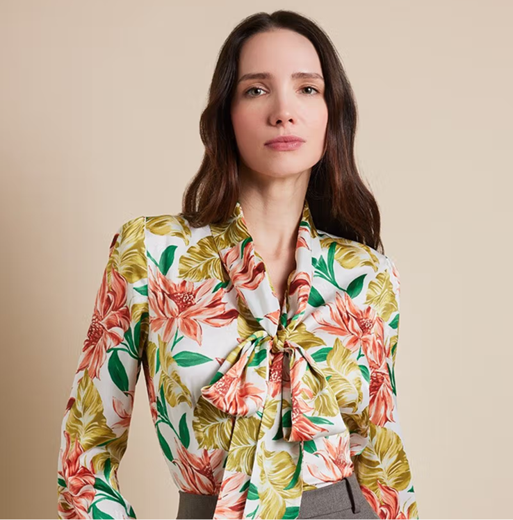 White & Green Floral Pussybow Blouse