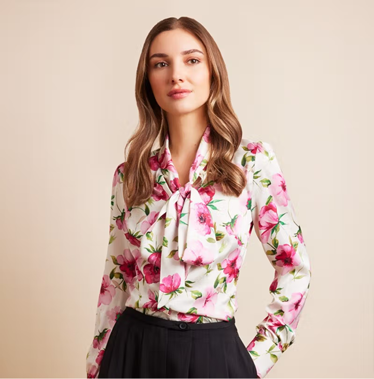 Cream & Pink Floral Pussybow Blouse