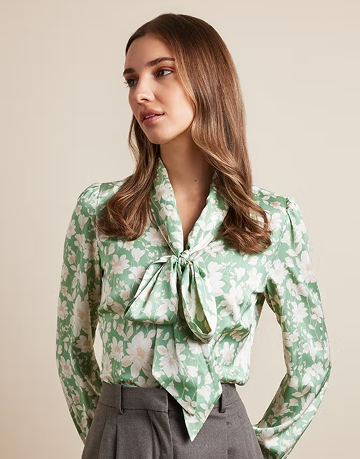 Green & Cream Floral Pussybow Blouse